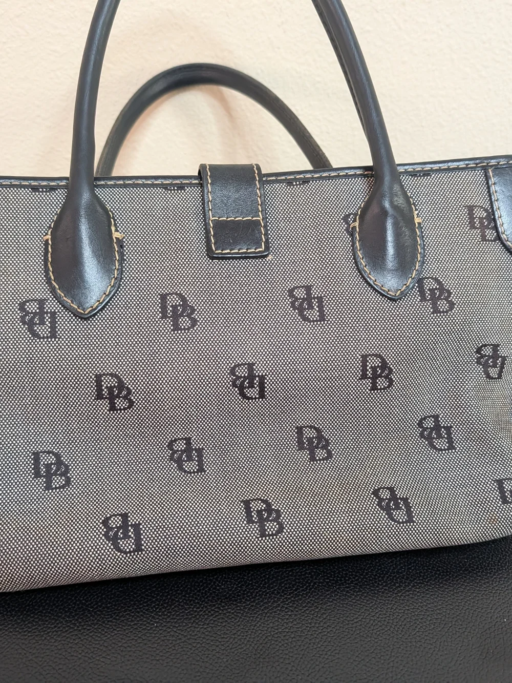 Dooney and Bourke Vintage DB Signature Tote Black Grey Push Lock Handbag
